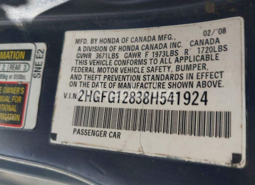 Photo 9 of 2008 Honda Civic EX (VIN 2HGFG12838H541924)