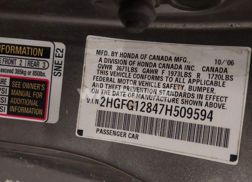 Photo 9 of 2007 Honda Civic EX (VIN 2HGFG12847H509594)