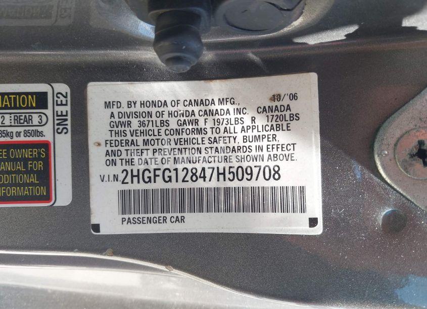 Photo 9 of 2007 Honda Civic EX (VIN 2HGFG12847H509708)