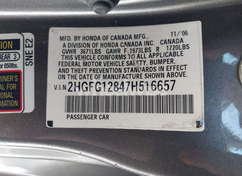 Photo 9 of 2007 Honda Civic EX (VIN 2HGFG12847H516657)
