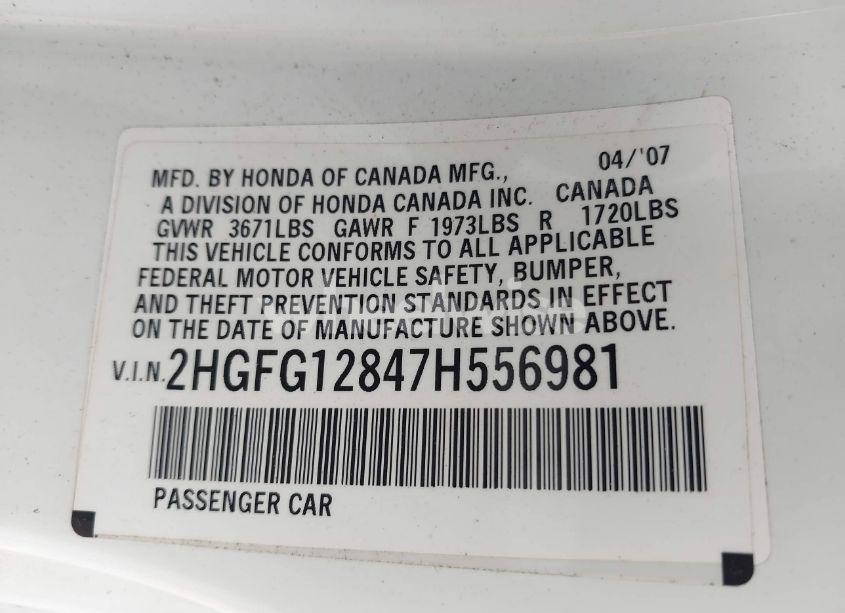 Photo 9 of 2007 Honda Civic EX (VIN 2HGFG12847H556981)