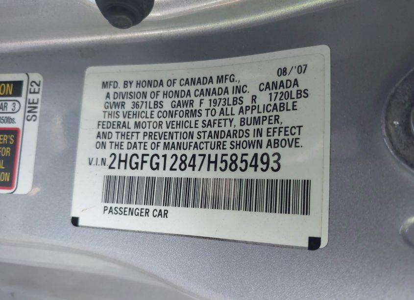 Photo 9 of 2007 Honda Civic EX (VIN 2HGFG12847H585493)