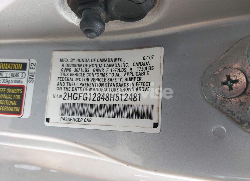 Photo 9 of 2008 Honda Civic EX (VIN 2HGFG12848H512481)