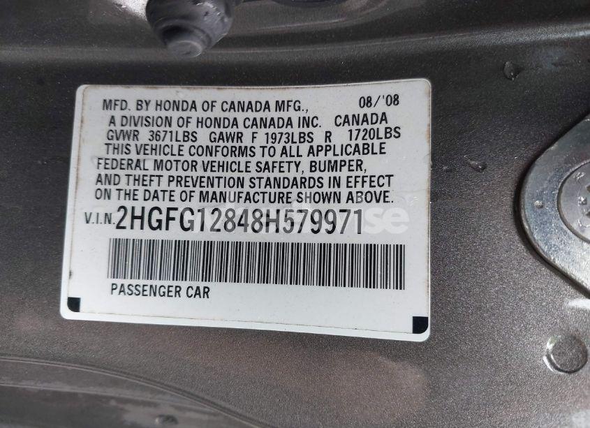 Photo 9 of 2008 Honda Civic EX (VIN 2HGFG12848H579971)