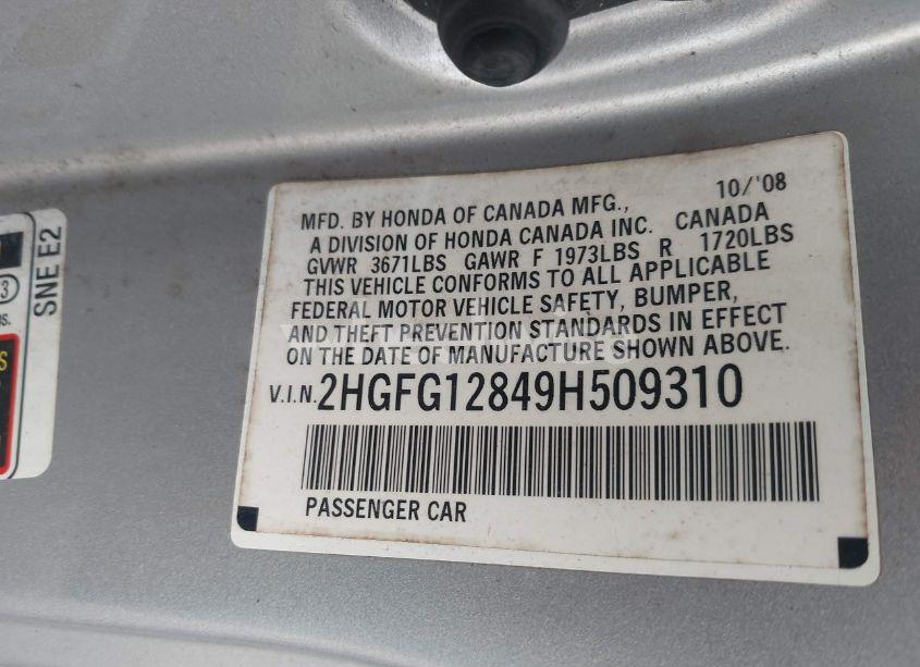 Photo 9 of 2009 Honda Civic EX (VIN 2HGFG12849H509310)