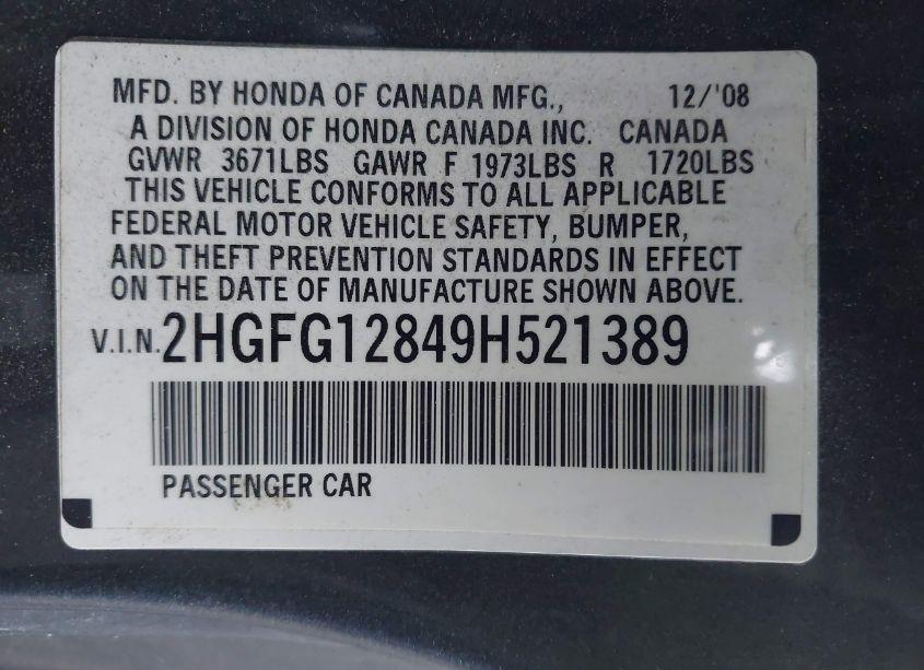 Photo 9 of 2009 Honda Civic EX (VIN 2HGFG12849H521389)