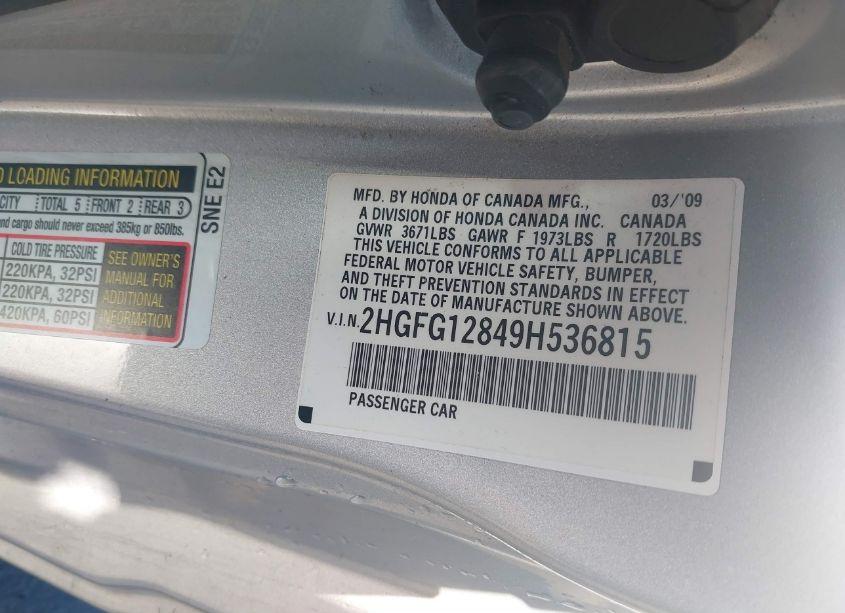Photo 9 of 2009 Honda Civic EX (VIN 2HGFG12849H536815)