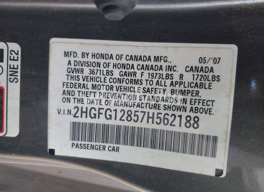 Photo 9 of 2007 Honda Civic EX (VIN 2HGFG12857H562188)