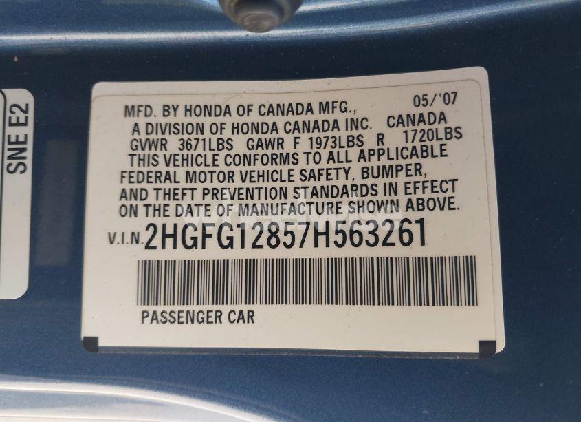 Photo 9 of 2007 Honda Civic EX (VIN 2HGFG12857H563261)