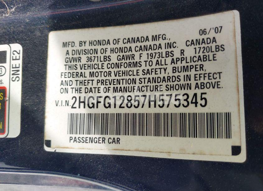 Photo 9 of 2007 Honda Civic EX (VIN 2HGFG12857H575345)