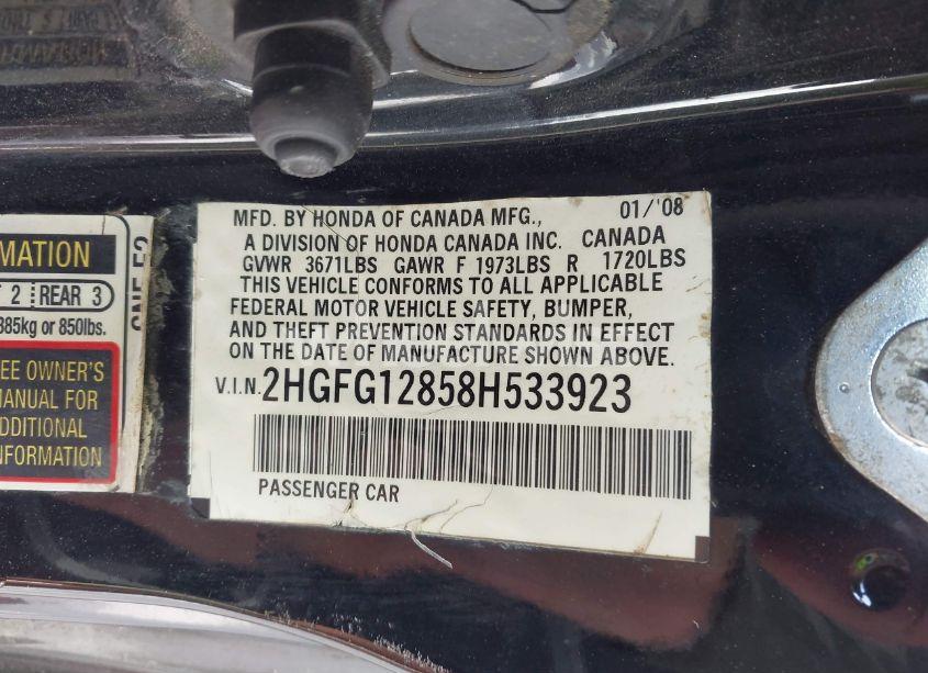 Photo 9 of 2008 Honda Civic EX (VIN 2HGFG12858H533923)