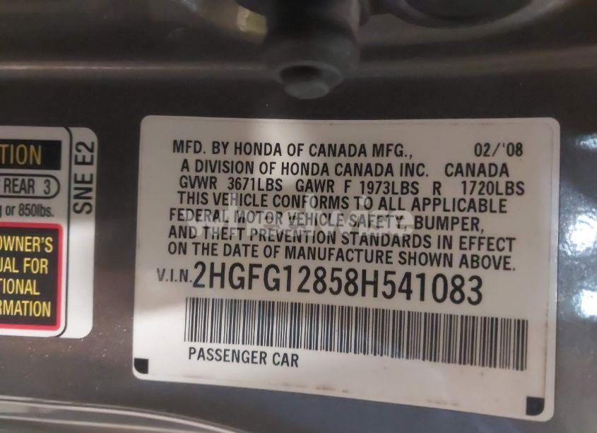 Photo 9 of 2008 Honda Civic EX (VIN 2HGFG12858H541083)