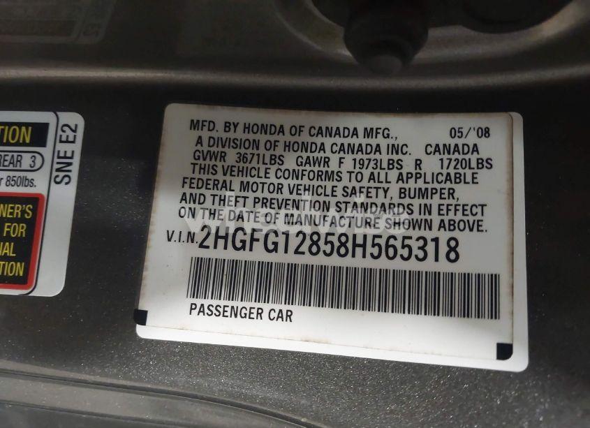 Photo 9 of 2008 Honda Civic EX (VIN 2HGFG12858H565318)