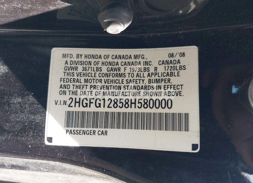 Photo 9 of 2008 Honda Civic EX (VIN 2HGFG12858H580000)