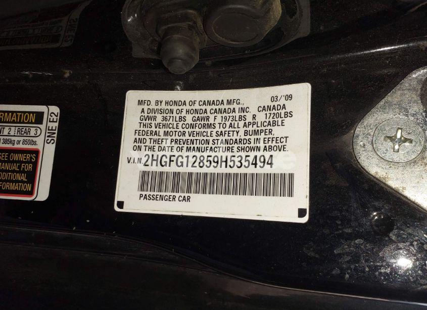 Photo 9 of 2009 Honda Civic EX (VIN 2HGFG12859H535494)