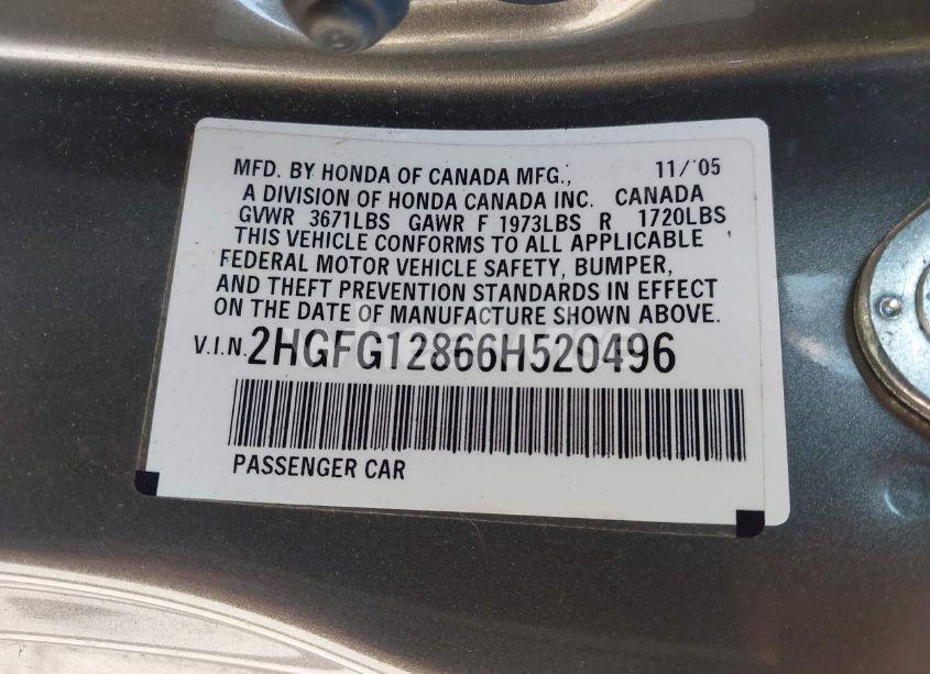 Photo 9 of 2006 Honda Civic EX (VIN 2HGFG12866H520496)