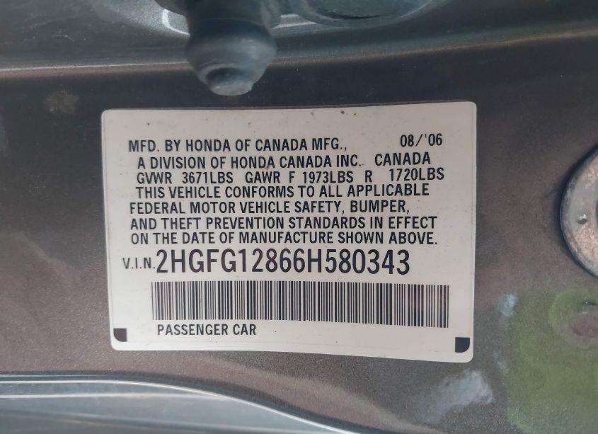 Photo 9 of 2006 Honda Civic EX (VIN 2HGFG12866H580343)