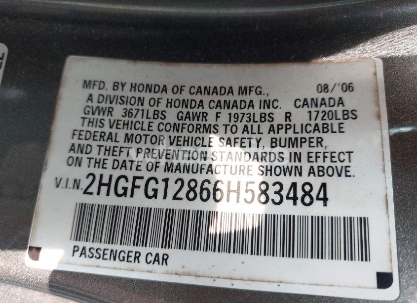 Photo 9 of 2006 Honda Civic EX (VIN 2HGFG12866H583484)