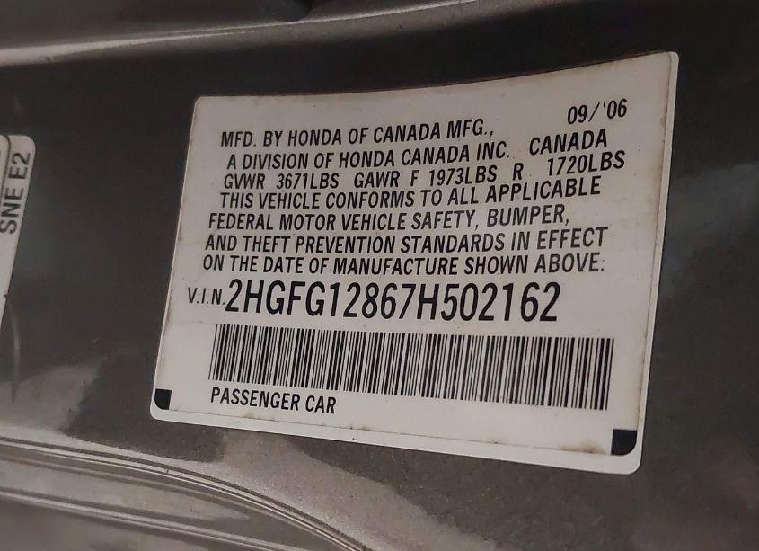 Photo 9 of 2007 Honda Civic EX (VIN 2HGFG12867H502162)