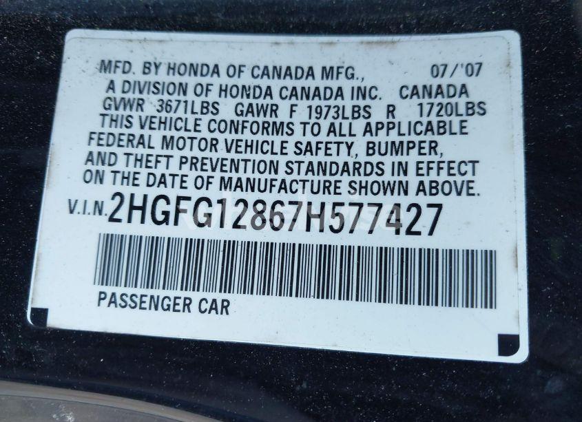 Photo 9 of 2007 Honda Civic EX (VIN 2HGFG12867H577427)