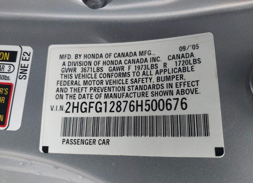 Photo 9 of 2006 Honda Civic EX (VIN 2HGFG12876H500676)