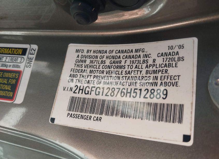 Photo 9 of 2006 Honda Civic EX (VIN 2HGFG12876H512889)