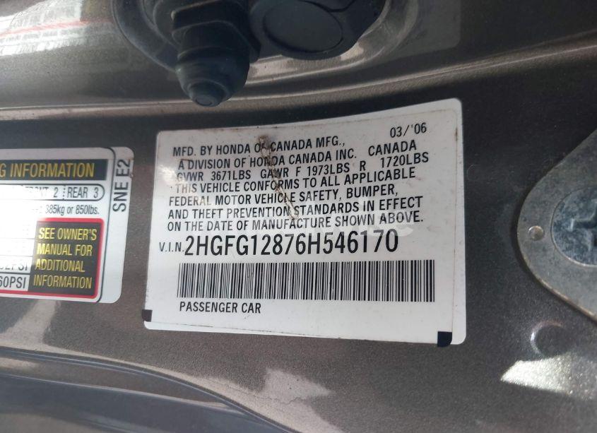 Photo 9 of 2006 Honda Civic EX (VIN 2HGFG12876H546170)