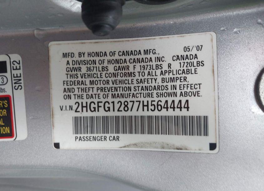 Photo 9 of 2007 Honda Civic EX (VIN 2HGFG12877H564444)