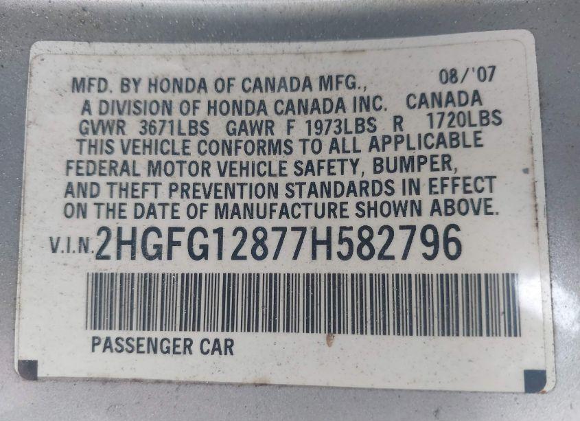 Photo 9 of 2007 Honda Civic EX (VIN 2HGFG12877H582796)