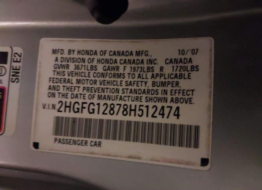 Photo 9 of 2008 Honda Civic EX (VIN 2HGFG12878H512474)