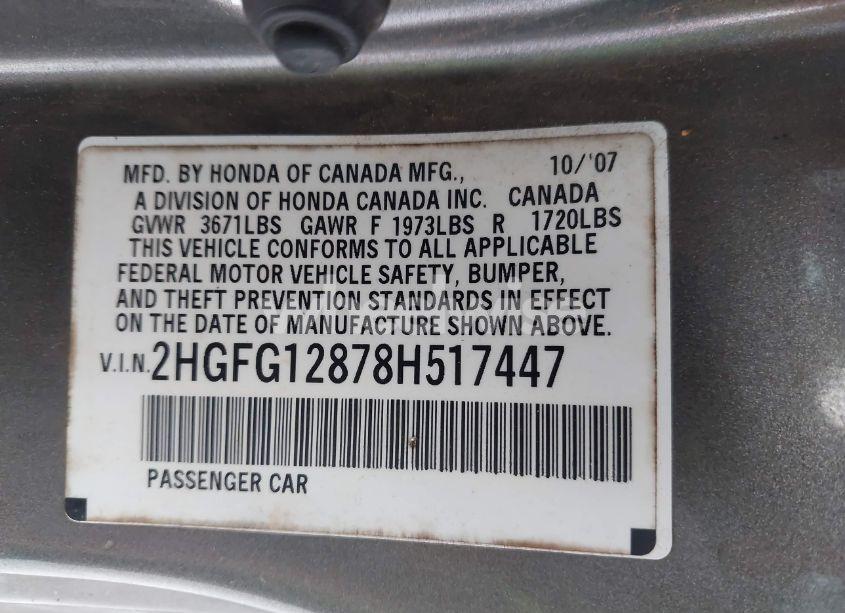 Photo 9 of 2008 Honda Civic EX (VIN 2HGFG12878H517447)