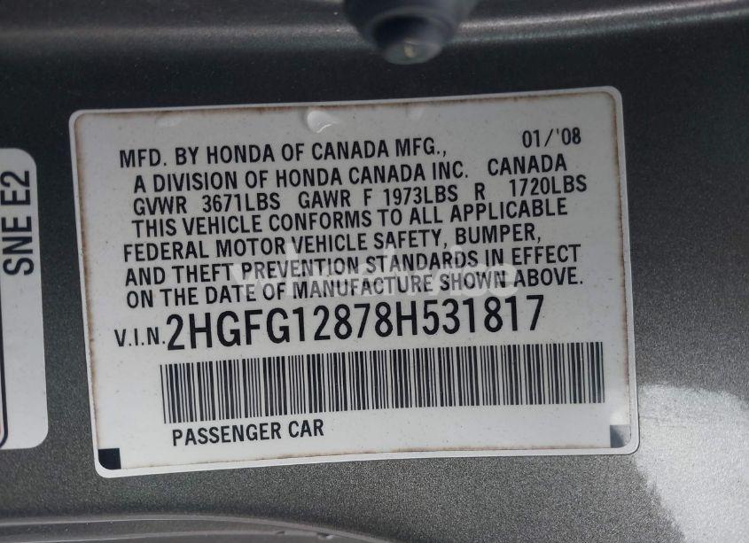 Photo 9 of 2008 Honda Civic EX (VIN 2HGFG12878H531817)