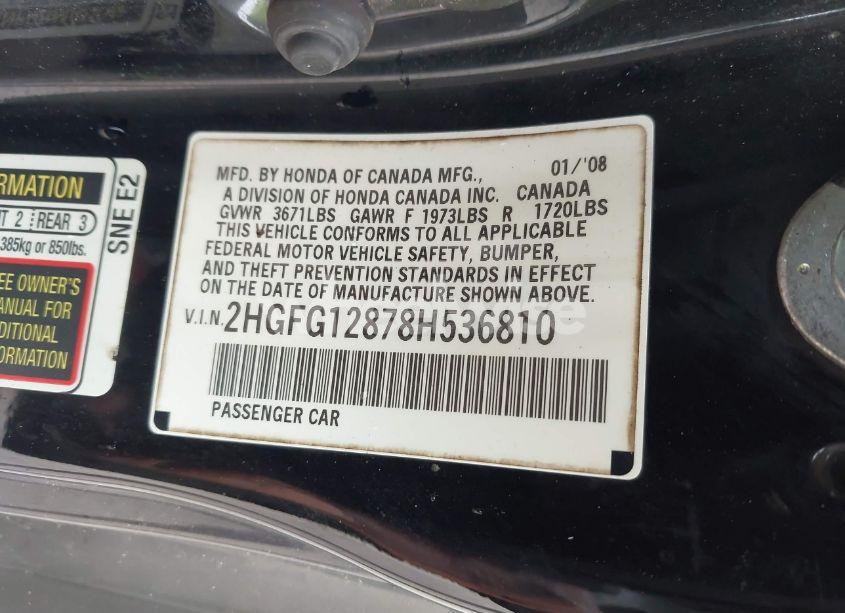 Photo 9 of 2008 Honda Civic EX (VIN 2HGFG12878H536810)