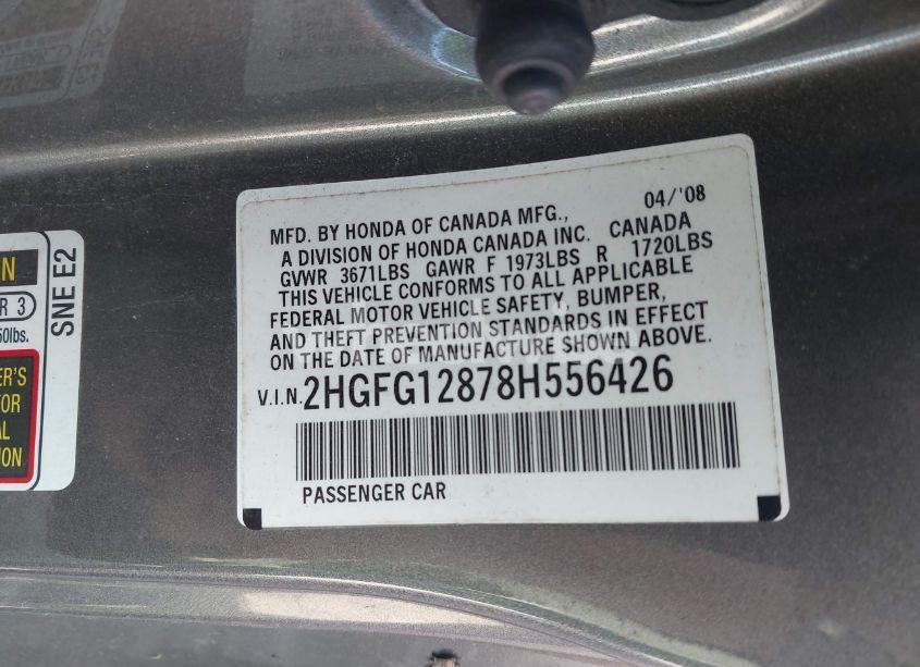 Photo 9 of 2008 Honda Civic EX (VIN 2HGFG12878H556426)