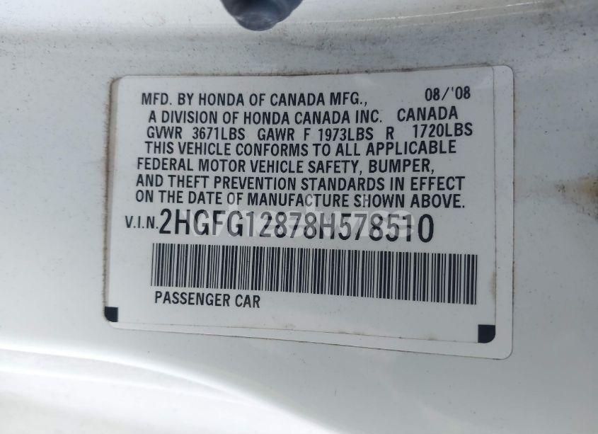 Photo 9 of 2008 Honda Civic EX (VIN 2HGFG12878H578510)