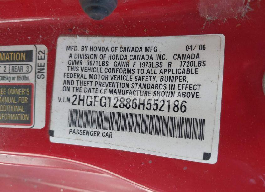 Photo 9 of 2006 Honda Civic EX (VIN 2HGFG12886H552186)