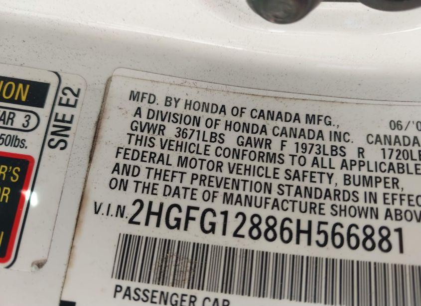 Photo 9 of 2006 Honda Civic EX (VIN 2HGFG12886H566881)