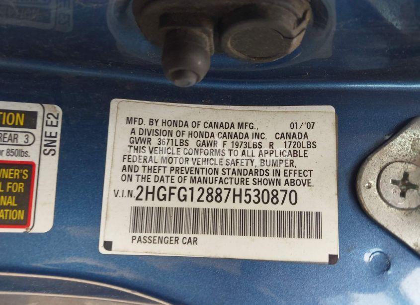 Photo 9 of 2007 Honda Civic EX (VIN 2HGFG12887H530870)