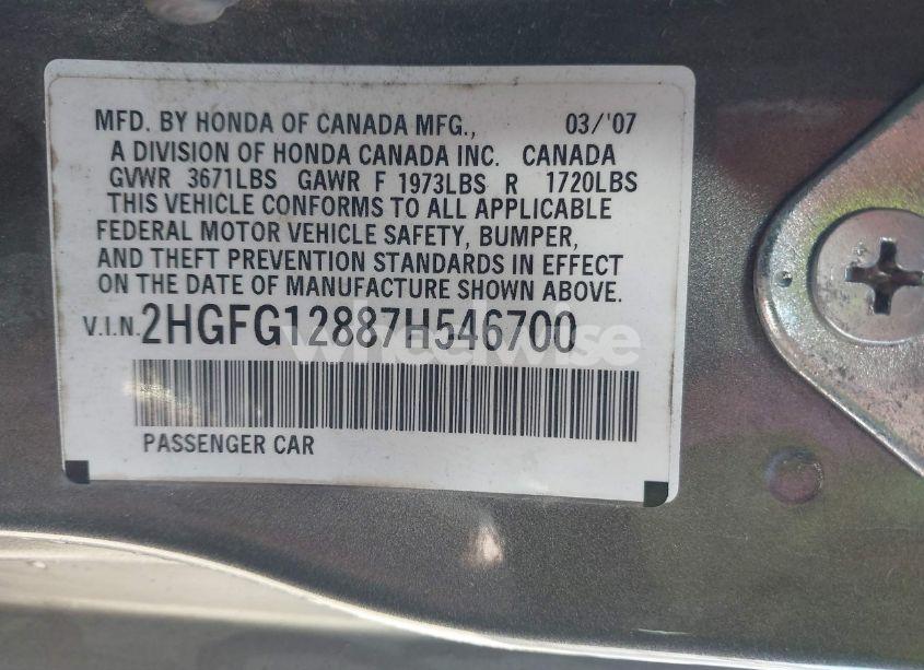 Photo 9 of 2007 Honda Civic EX (VIN 2HGFG12887H546700)