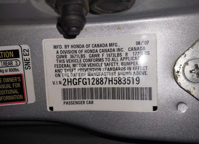 Photo 9 of 2007 Honda Civic EX (VIN 2HGFG12887H583519)