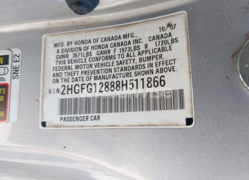 Photo 9 of 2008 Honda Civic EX (VIN 2HGFG12888H511866)