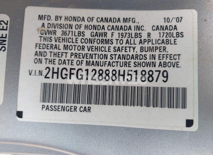 Photo 9 of 2008 Honda Civic EX (VIN 2HGFG12888H518879)