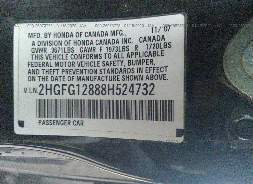 Photo 9 of 2008 Honda Civic EX (VIN 2HGFG12888H524732)