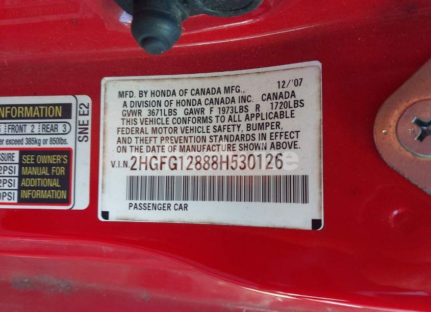 Photo 9 of 2008 Honda Civic EX (VIN 2HGFG12888H530126)