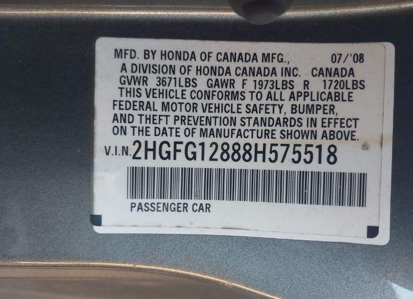 Photo 9 of 2008 Honda Civic EX (VIN 2HGFG12888H575518)