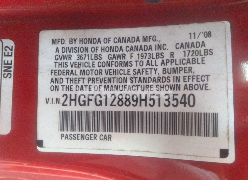 Photo 9 of 2009 Honda Civic EX (VIN 2HGFG12889H513540)