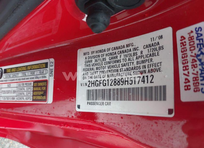 Photo 9 of 2009 Honda Civic EX (VIN 2HGFG12889H517412)