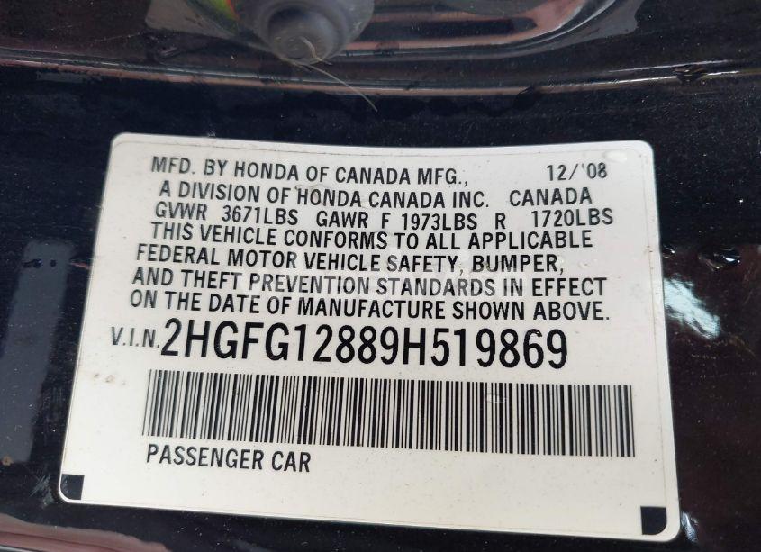 Photo 9 of 2009 Honda Civic EX (VIN 2HGFG12889H519869)