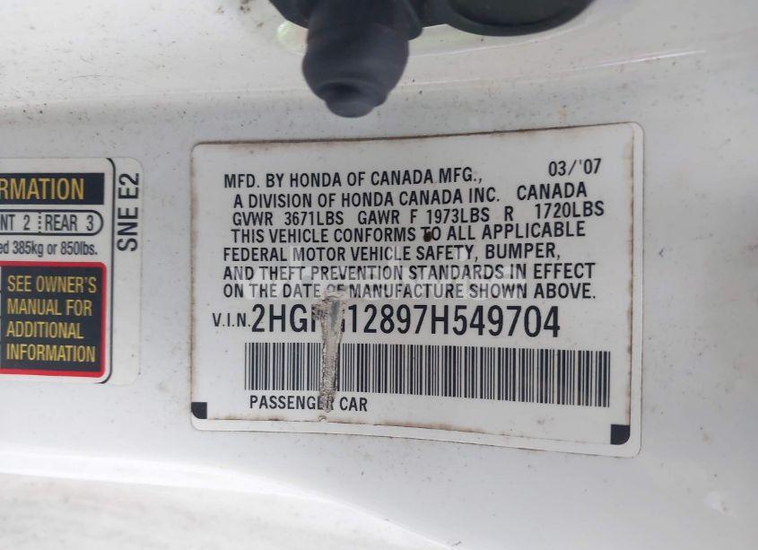 Photo 9 of 2007 Honda Civic EX (VIN 2HGFG12897H549704)