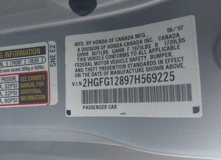 Photo 9 of 2007 Honda Civic EX (VIN 2HGFG12897H569225)